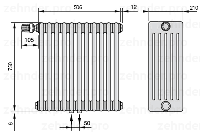 Схема (чертеж) Радиатор Zehnder Charleston 6075/11 №V007 Белый глянцевый RAL 9016